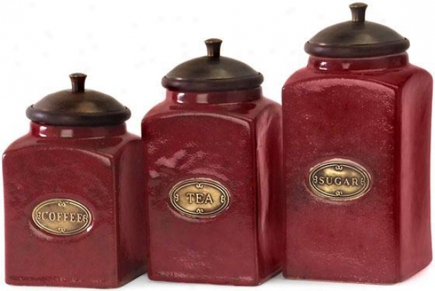 Ceramic Red Canisters - Set Of 3 - Set Of Three, Red