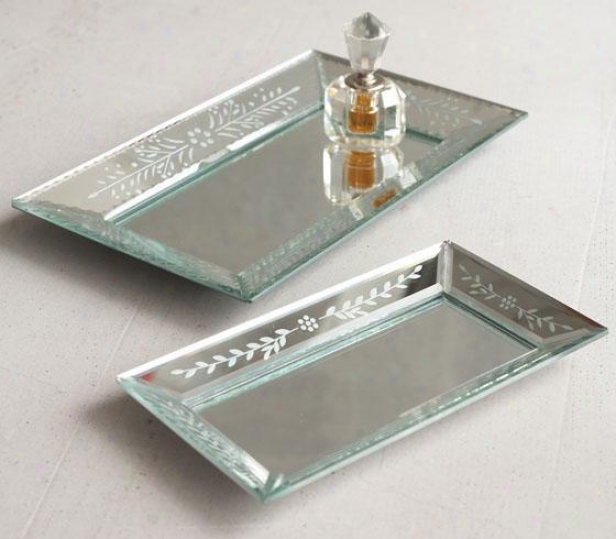 Exquisite Hand-etched Mirror Trays - Set Of 2 - Set Of 2, Silver