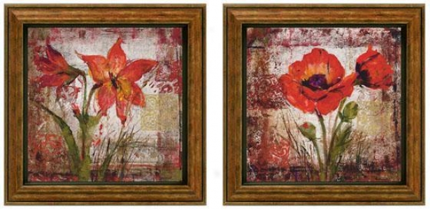 Floral Song In Pink Framed Wall Art - Set Of 2 - Set Of Two, Red