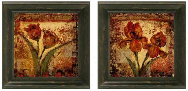 Floral Song In Red Framed Wall Art - Set Of 2 - Set Of Two, Pumpkin