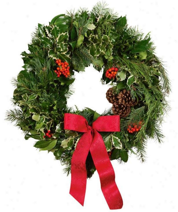 "fresh Holly Deluxe Holly And Greens Wreath - 36"", Gren"