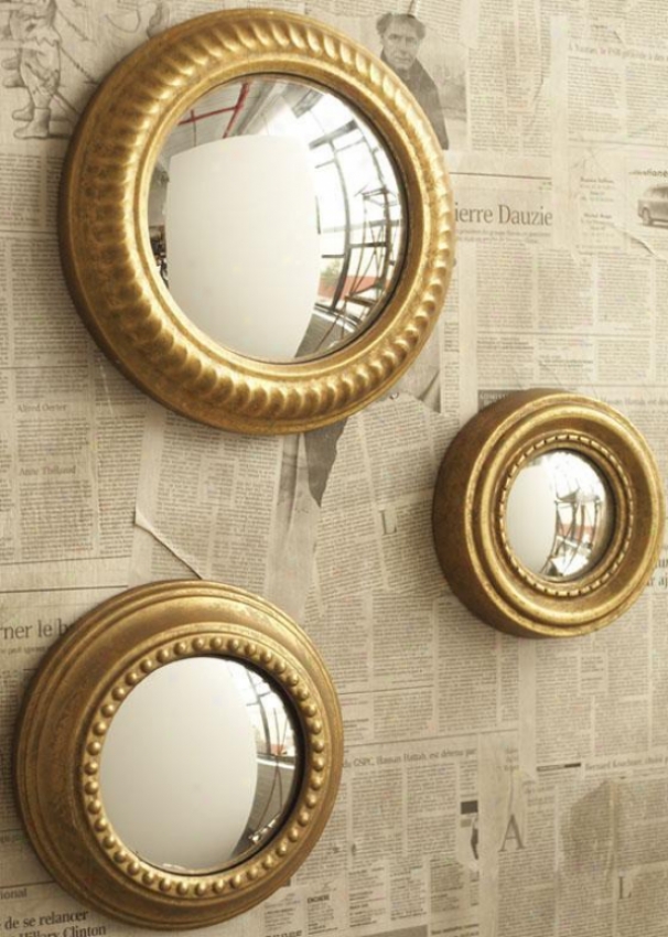 Gold Leaf  Convex Wall Mirrors - Set Of 3 - Set Of 3, Gold