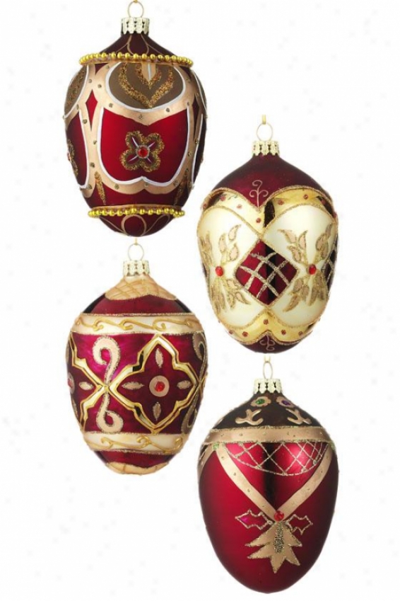 Hd-painted Glass Egg Ornament - Set Of 4 - Set Of Four, Red