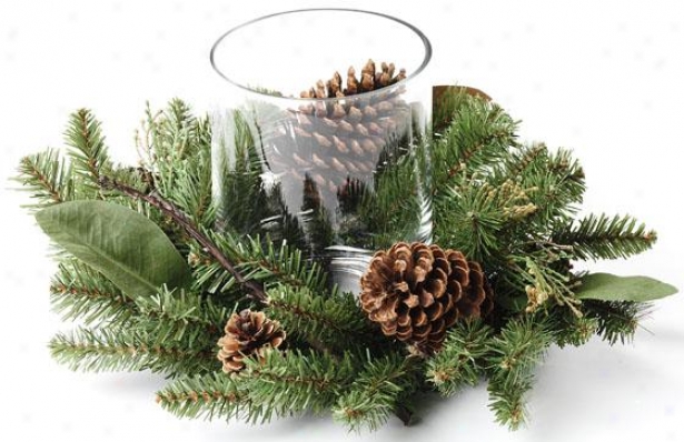 Mixed Greens And Pinecone Candleholder - 18x18x8, Green