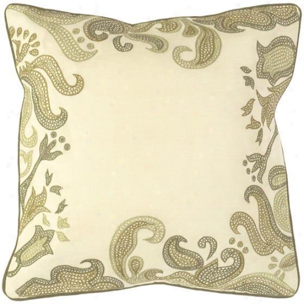 "paisley Bordered Pillows - Plant Of 2 - 18""x17"", Ecru/dark Olive"