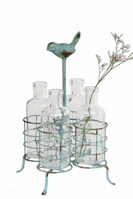 "perched Bird With Jars - 10""hx5.5""square, Aqua Blue"