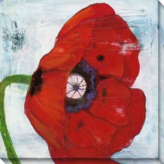 Poppies On Blue Ii Canvas Wall Art - Ii, Red