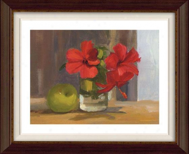 "red Hibiscus With Apple Framed Wall Art - 32""hx38""w, Flt Atq Wln/gld"