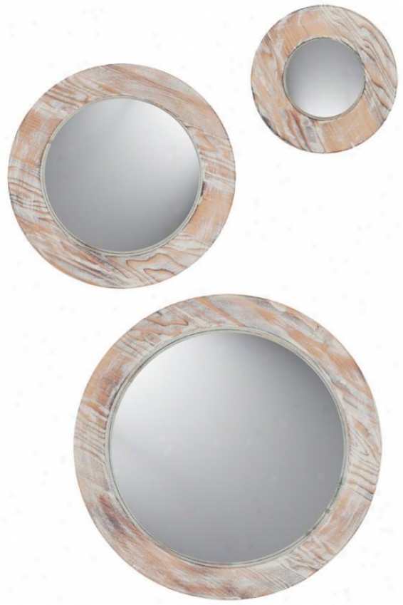 Round Washed Wood Mirrors - Set Of 3 - Set Of 3, Beige