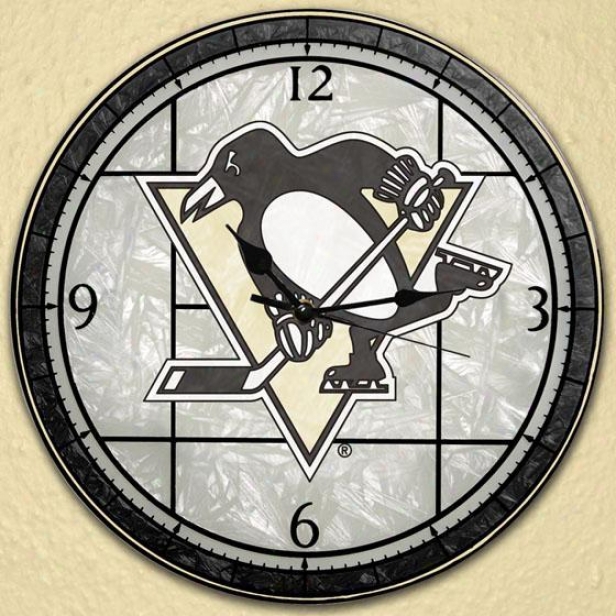 Sports Team Nhl Stained Art Glass Window Panel Clock - Nhl Teams, Pittsbrg Pengns