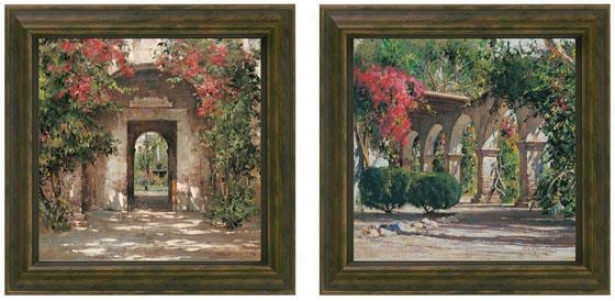 Sunlit Flowered Doorway Framed Wall Skill - Set Of 2 - Set Of Two, Green