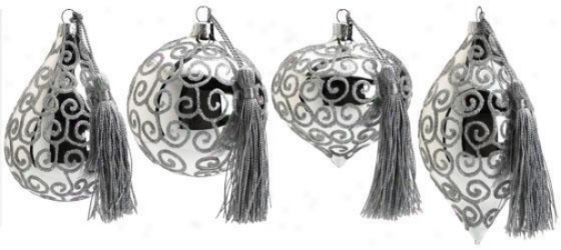 Tasseled Glaqs Ornaments - Set Of 4 - Set Of Four, Silver