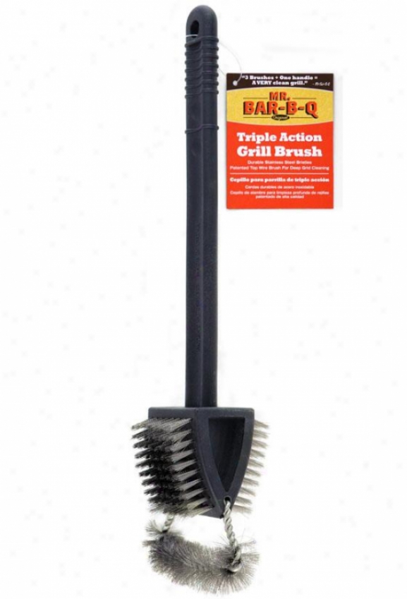 Triple Action Dual Bristle Grill Brush - 15.74hx4.13wx3., Brown Wood