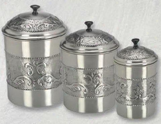 Victoria Antique Embossed Pewter Cnisters - Set Of 3 - Set Of Three, Gray