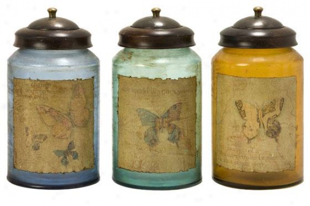 Worldly Butterfly Glass Canisters - Set Of 3 - Set Of Three, Multi-bl/org/tl