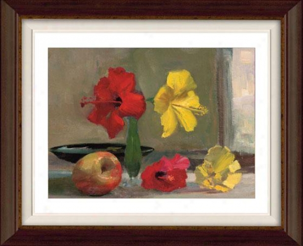 "yellow Hibiscus With Apple Framed Wall Art - 32""hx38""w, Flt Atq Wln/gld"