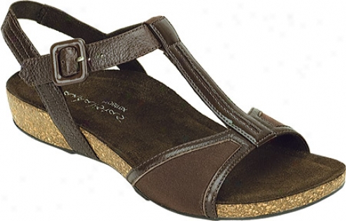 Aetrex Sabrina Cork T-strap (women's) - Dark Brown Stretch Fabric/patent