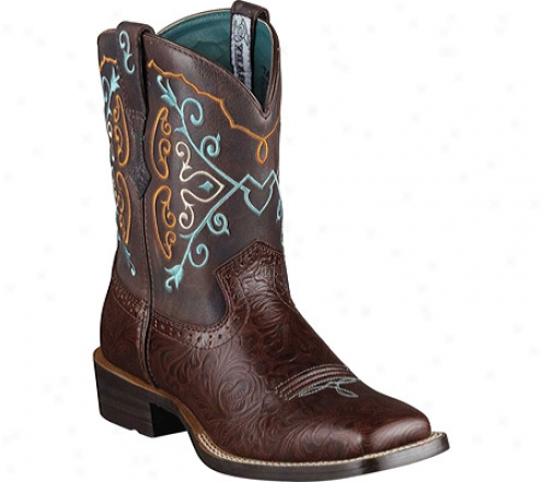 Ariat Rodeobaby Square Toe (women'w) - Cognac Emboss/chocolate Full Grain Leather Suede