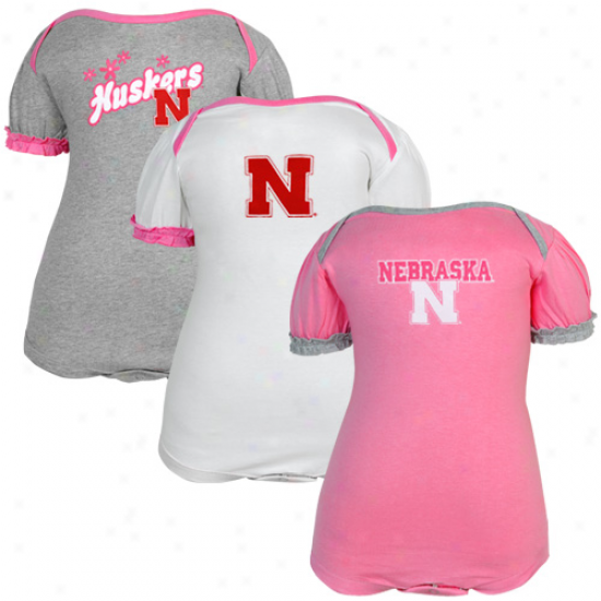 Adidas Nebraska Cornhuskers Infant Girls Pink, White & Ash 3-piece Creeper Set