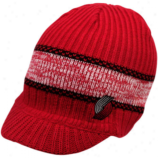 Adidas Portland Trail Blazers Red Wide Stripe Visor Knit Beanie