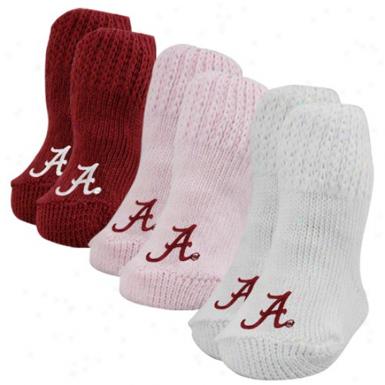 Alabama Crimson Current Newborn Girl Pink-rimson-whute 3-pack Knit Booties