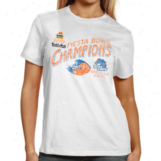 Boise State Broncos Ladies White 2010 Fiesta Bowl Champions Undefeated Distressed T-shirt