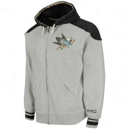 Ccm San Jose Sharks Gray-black Team Classic Full Zip Hoodie Sweatshirt