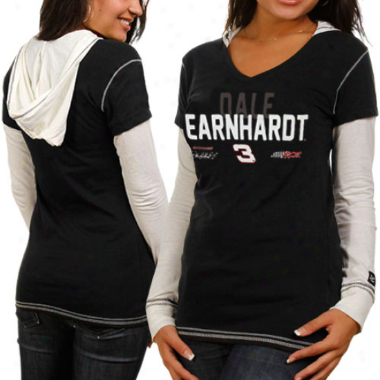 Chase Authentics Dale Earnhardt Ladies Double Layer Hoode Ldong Sleeve Reward T-shirt - Black-white