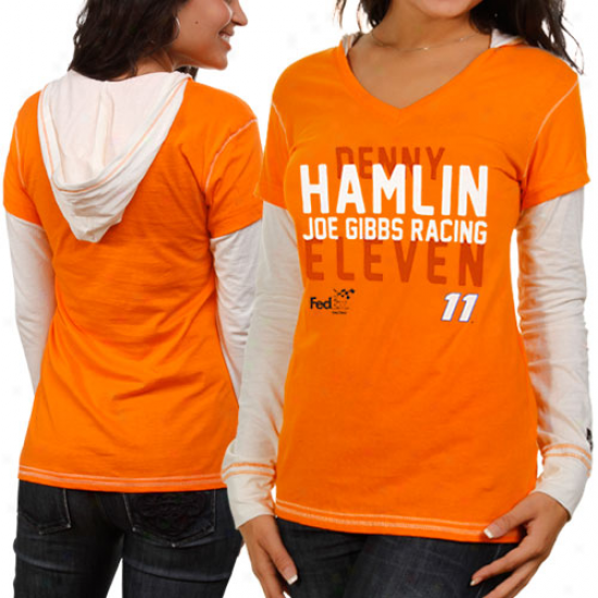 Emboss Authentics Denny Hamlin Ladies Dohble Layer Hooded Long Sleeve Premium T-shirt - Orange-white