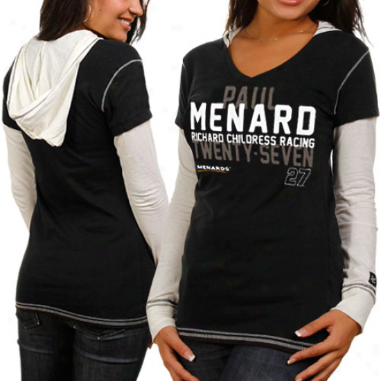 Chase Authentics Paul Menard Ladies Double Layer Hooded Long Sleeve Premium T-shirt - Black-white