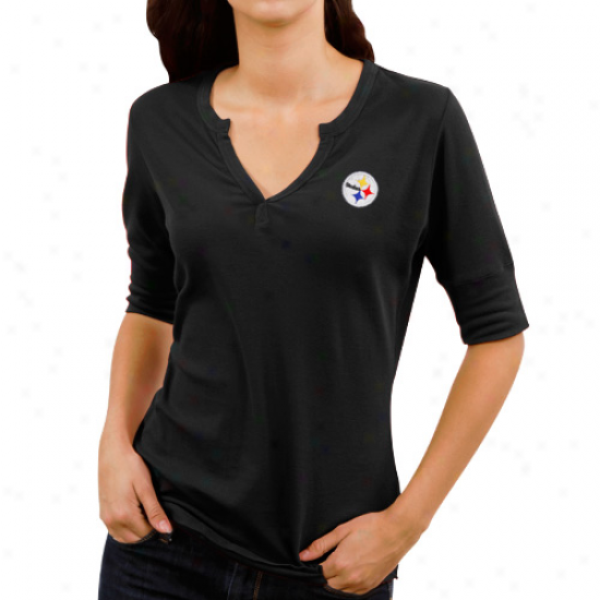 Cutter & Buck Pittsburgh Steelers Ladies Assist Waffle Knit Premiun Split V-neck T-shirt - Black