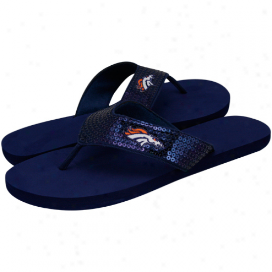 Denver Broncos Ladies Navy Blue Sequin Strap Flip Flops