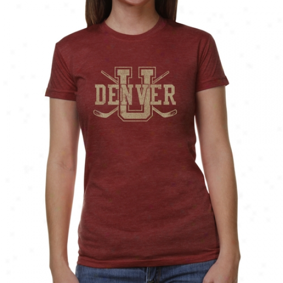 Denver Pioneets Laadies Crossed Sticks Junior's Tri-blend T-shirt - Maroon