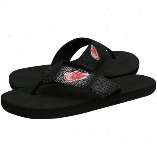 Detroit Red Wings Ladies Black Sequin Strap Flip Flopss