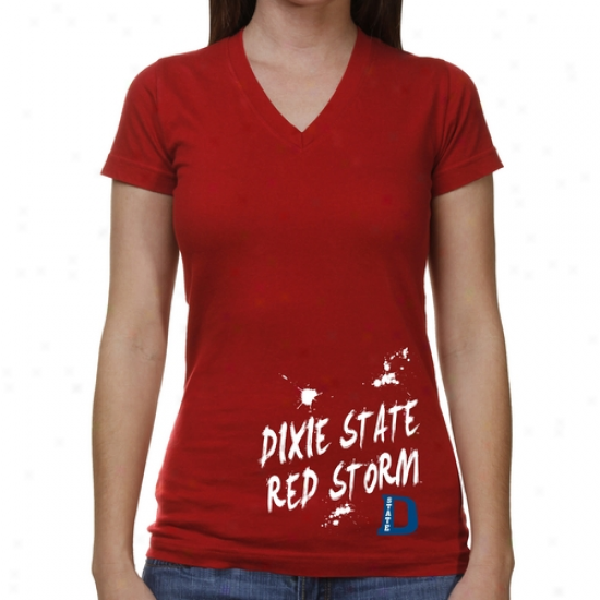 Dixie State Red Storm Ladies Paint Strokes V -neck T-shirt - Red