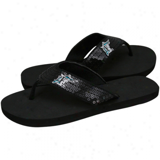 Florida Marlins Black Sequin Strap Flip Flops