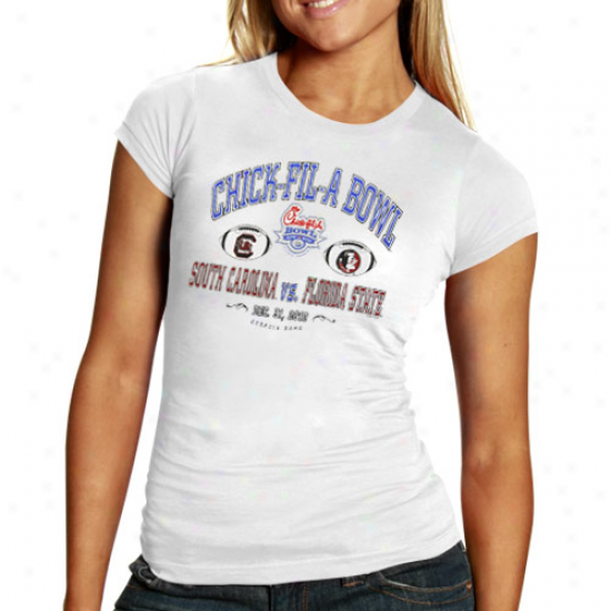 Florida State Semnioles (fsu) Vs. South Carolina Gamecocks Ladies White 2010 Chick-fil-a Bowl Bound Dueling T-shirt