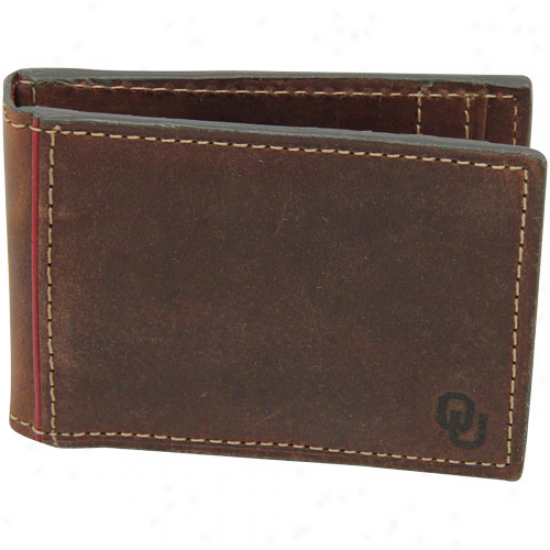 Fossil Oklahoma Sooners Brown Leather Replay Money Clip Billfold Wallet