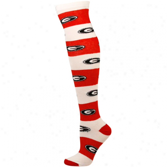 Georgia Bulldogs Ladies Red-white Logo Stripe Rugby Knee Socks