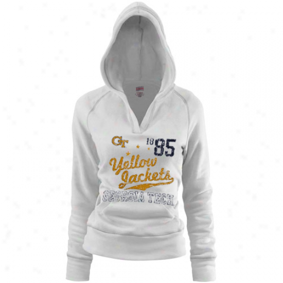 Georgia Tech Yellow Jackets Ladies White Rugby Distressed Deep V-neck Hoody Sweatshirt