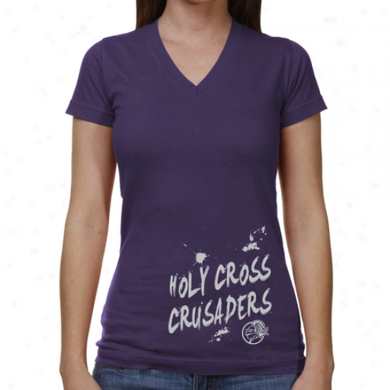 Holy Cross Crusaders Ladies Paint Strokes V-neck T-shirt - Purple