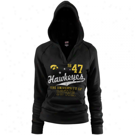 Iowa Hawkeyes Ladies Black Rugby Distrwssed Deep V-neck Hoody Sweatshirt