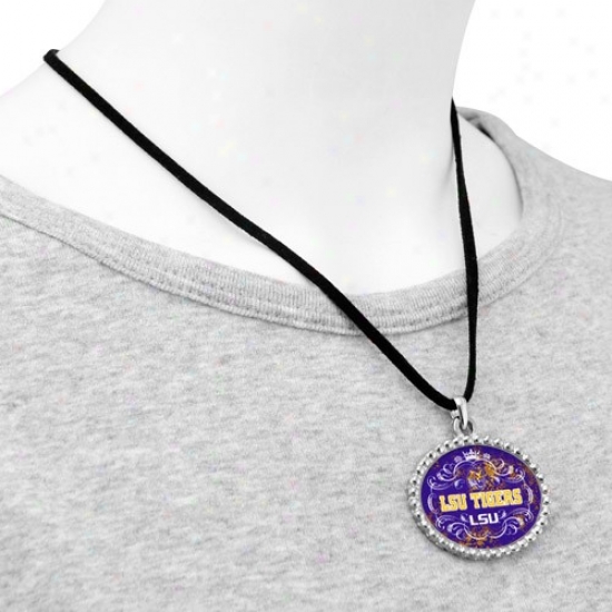 Lsu Tigers Ladies Silvertone Oval & Crown Suede Necklace