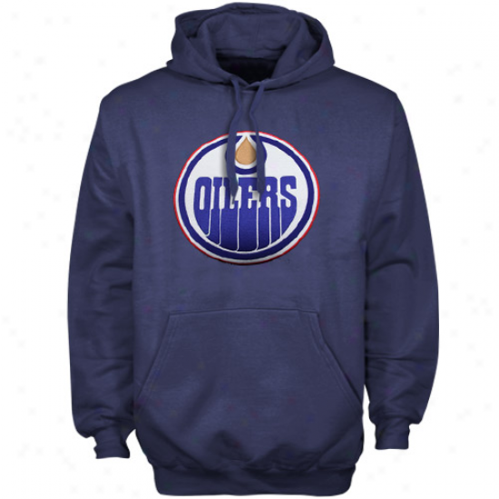 Majeqtic Edmonton Oilers Navy Blue Felt Tek Patch Pullover Hoody Sweatshirt