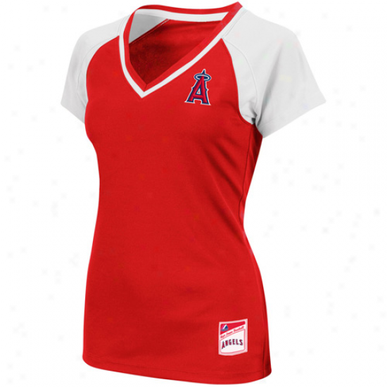 Majrstic Los Angeles Anels Of Anaheim Ladies Emerald V-neck Premium T-shirt - Red-white