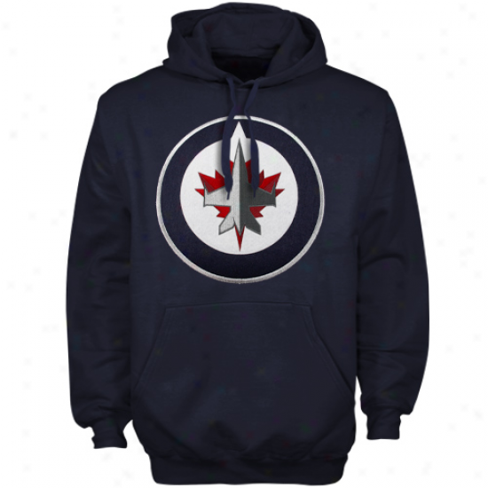 Majestic Winnipeg Jetq Navy Blue Felt Tek Patch Pullover Hoodie Sweatshirt