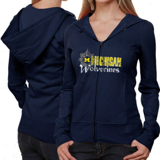 Michigan Wol\/erines Ladies Navy Blue Puff Sleeve Full Zip Hoodie Jacket