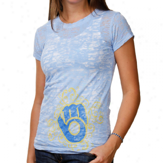 Milwaukee Brewers Laeies Scroll Burnout Premium Crew T-shirt - Light Blue