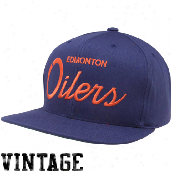 Mitchell & Ness Edmonton Oilers Navy Blue Script Snapback Adjustable Hat