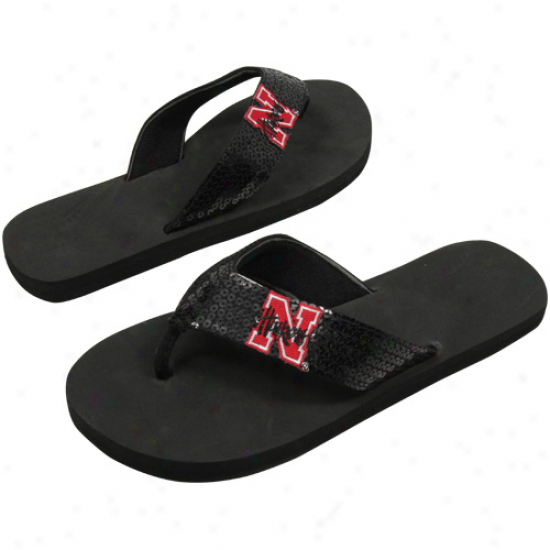 Nebraska Cornhuskers Ladies Black Sequin Strap Flip Flops